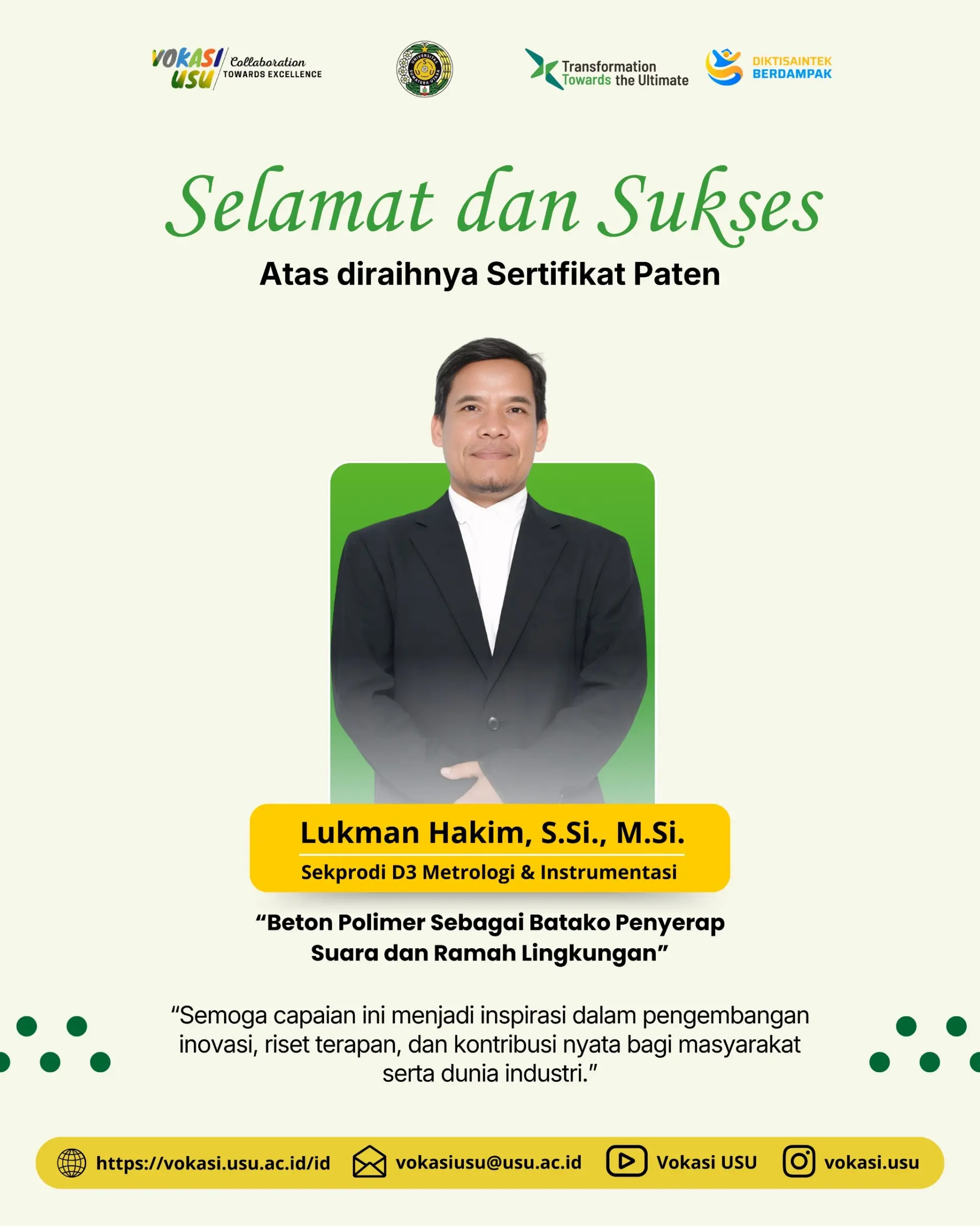 Congratulations on the Achievement of a Patent Certificate by Mr. Lukman Hakim, S.Si., M.Si.